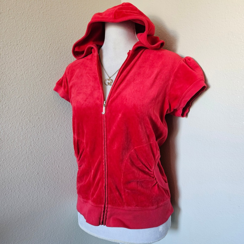 Juicy Couture Red Velour Short Puff Sleeve Zip Up Hoodie